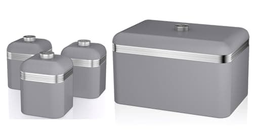 Image of Swan Retro Grey Bread Bin and Tea, Coffee, Sugar Canisters. Matching Retro Design Kitchen Storage Set in Grey