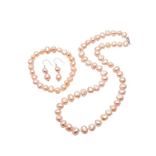 Image of TreasureBay Womens Pearl Necklace Set | 8mm Natural Freshwater Pearl Necklace Bracelet and Earrings Pearl Jewellery Set (Pink)