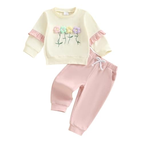 Image of Barbotimer Infant Toddler Girl Autumn Winter Clothes Flower Embroidery Sweatshirt Ruffle Long Sleeve Pullover Tops Solid Color Jogger Pants 2Pcs Tracksuit Clothing Set (Pink, 3-4 Years)