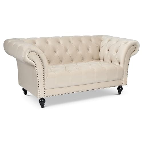 Image of Bravich Chesterfield Velvet Sofa, Cream 2 Seater Sofa for Living Room Furniture, Classic Button Back Settee with Rolled Arms, Solid Wood Frame, 170cm x 58cm x 82cm