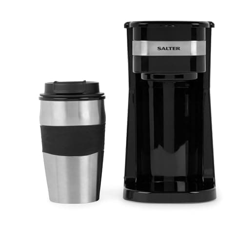 Image of Salter One Cup Coffee Maker – Filter Coffee Machine, Washable & Reusable Filter, Includes 420ml Stainless Steel Travel Mug, Brew Coffee To Go In 3-4 Minutes, Suitable For Ground Coffee/Pads