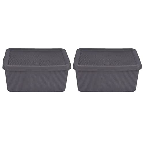 Image of Eason Bros Set of 2-7L Small Storage Box with Lid & Handle – Bottle Grey Stackable Ribbed BPA-Free Virgin Plastic Container – Multipurpose Organiser for Office & Home Use