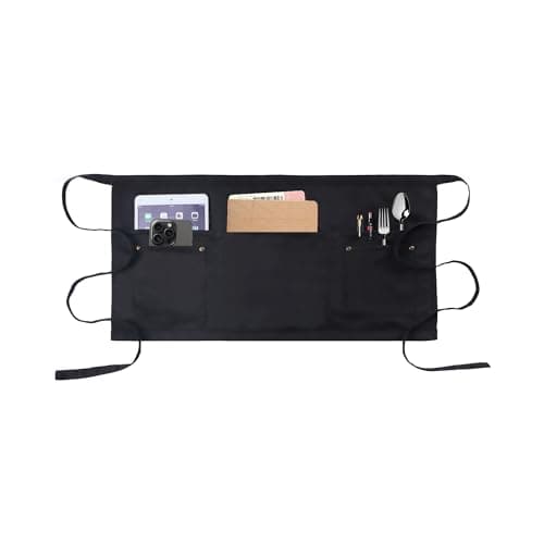 Image of MIKI WELL Waitress Apron with 5 Pockets - Black Waist Apron Short Half Work Aprons for Waitress Waiter Women Men Chef (Black)