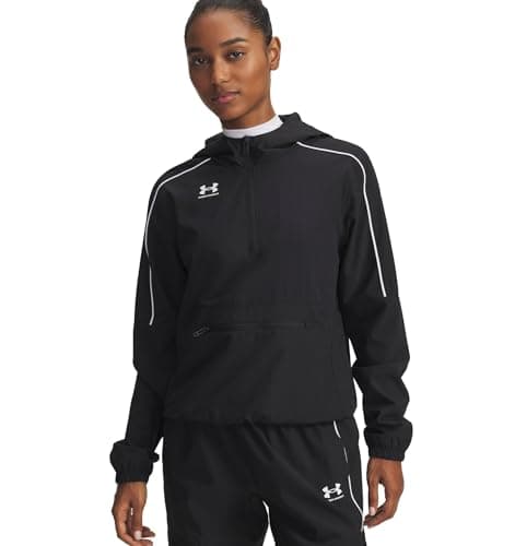 Image of Under Armour Women's Challenger Anorak, Ladies' Jacket with Half-Zip Front, Water-Repellent Women's Anorak for Training and Outdoor Wear,Black / / White,XL
