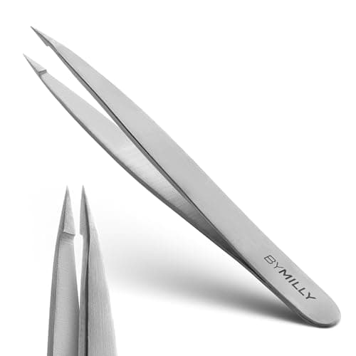 Image of By MILLY Pointed Tweezers - High Carbon Stainless Steel, Point-Tip Precision Tweezers for Ingrown Hair, Eyebrows, Facial Hair, Splinters and Glass Removal - Perfectly Aligned, Hand-Filed - Silver