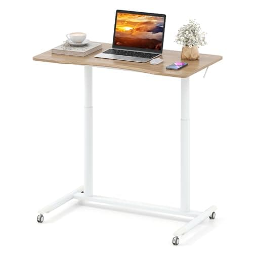 Image of SFAREST Mobile Standing Desk, 70-106 cm Height Adjustable Ergonomic C-shaped Computer Workstation with 4 Universal Wheels & H-Shaped Base, Rolling Sit-Stand Laptop Desk for Home Office (Natural+White)