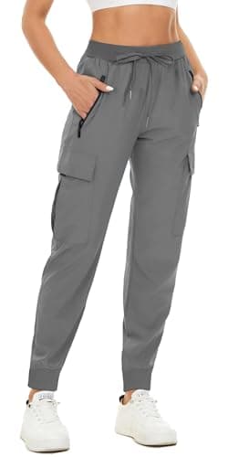 Image of SMENG Cargo Trousers Women Plain Zipper Quick Dry Sweat Pants England Treks Jogging Pants for Women UK Fitness Wear Women High Waisted Joggers Light Grey Size S
