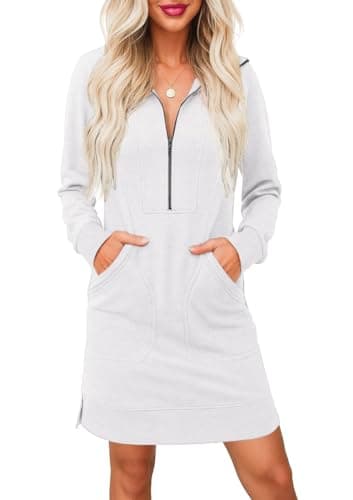Image of PrinStory Jumper Dress for Women UK Long Sleeve Half Zip V Neck Sweatshirt Dress with Side Pockets Casual Polo Jumper Sweatshirt (White, M)
