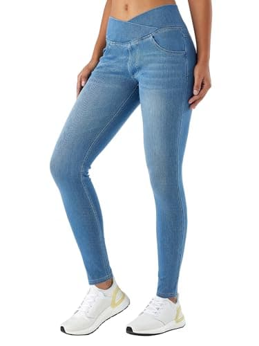 Image of LaiEr Women V Crossover Skinny Jeans High Waist Tummy Control Casual Fitness Leggings,Supple Elasticity Casual Denim Pants uitable for Yoga,Fitness,and Leisure,with Side Pockets.(LightBlue,M)