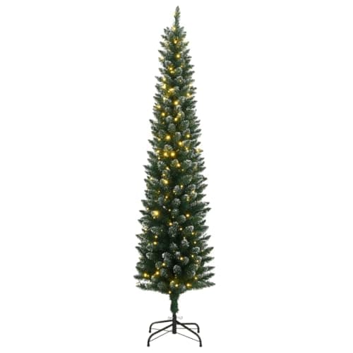 Image of vidaXL Artificial Slim PVC Xmas Tree w/150 LED Lights – 120cm Tall, Green & White Snow Decoration, Perfect for Narrow Spaces, Steel Stand Included