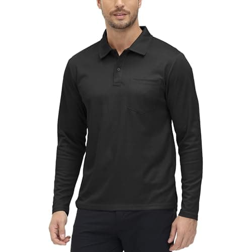 Image of Rdruko Men's smart Long Sleeve Polo Shirt with Pocket Breathable Wicking Quick Dry Casual Work Golf Tops Black L