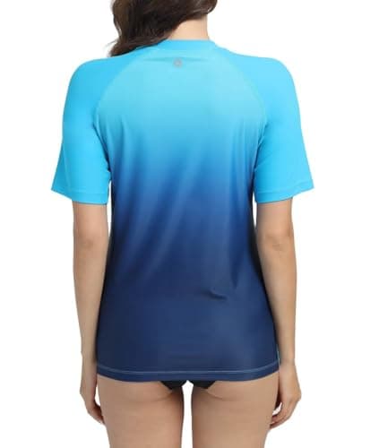Image of SURFEASY Women's UV Rash Vest UPF 50+ Rash Guard Quick Dry Beach Swim Shirt Swimming Wetsuits Tops Swimsuits Short Sleeve(Navy Gradient/Blue,M)