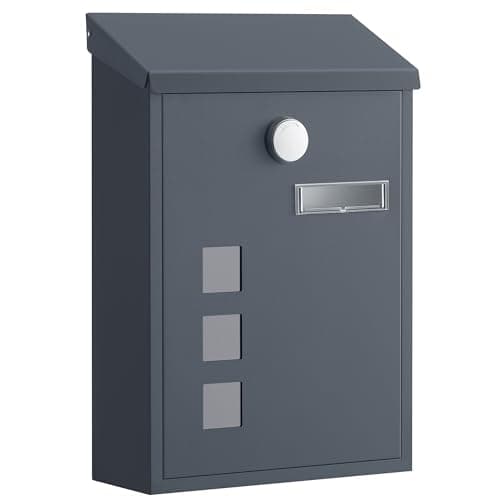 Image of SONGMICS Post Box, Wall Mounted Letterbox, Mailbox with Sloped Roof, Copper Lock Cylinder, Swivel Cap, Viewing Windows, Nameplate, Easy to Install, 9 x 21.8 x 31.8 cm, Grey GMB032GZ01