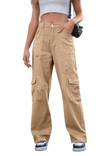 Image of IVIR Cargo Pants Women High Waist Wide Leg Casual Pants with 7 Pockets Stretchy Drawstring Baggy Y2K Trousers Khaki M