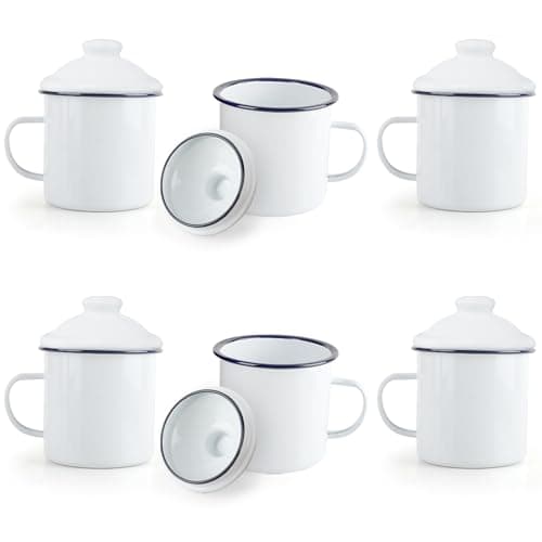 Image of YKUKIZEE 6 Pack 370 ml Enamel Mug with Lid, Vintage Camping Mugs 12 oz, Retro White Tin Cup Portable for Hot Drinks Tea Party Garden Home Office Travel