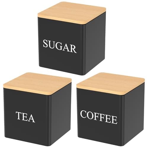 Image of KTCINA 3Pcs Tea Coffee Sugar Canisters, 600ml Airtight Food Storage Jars with Bamboo Lid Square Kitchen Canister Set Metal Food Storage Container Bin for Coffee Sugar Tea Beans Grains (Black Square)