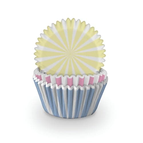 Image of Anniversary House Pack of 75 Stripe Cupcake Cases for Spring Baking, Baking Cups in Heavy Duty Greaseproof Paper, Pink, Yellow and Blue, J245, 12 cm x 12 cm x 12 cm