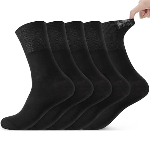 Image of Partideal 5 pairs Diabetic Socks Mens, non Elastic Diabetic Sock 6-11 Cotton Breathable Loose Hospital Socks, black