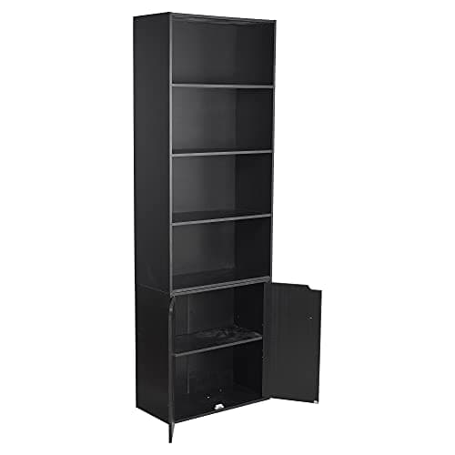 Image of URBNLIVING 6 Tier Bookcase Bookshelf With 2 Doors Cupboard (Matt Black)