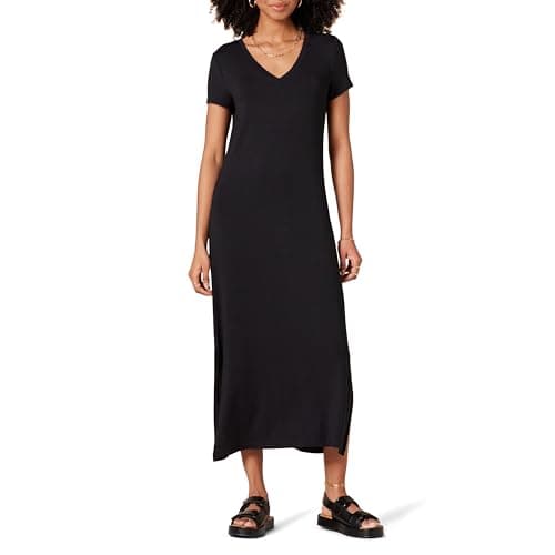 Image of Amazon Essentials Women's V-Neck Short-Sleeve T-Shirt Jersey Midi Dress, Black, L