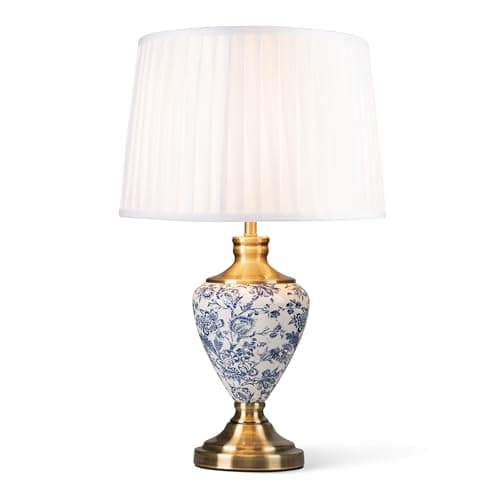 Image of Lighting Supermarket Hepburn Large Ceramic Table Lamp with Ivory Pleated Shade - Modern White, Blue, Antique Brass