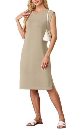 Image of GRECERELLE Womens Summer Midi Dress 2025 Casual Crew Neck Shirt Dresses Elegant Wrinkle-Free Sleeveless Dresses for Women UK with Split and Pockets (Khaki, L)