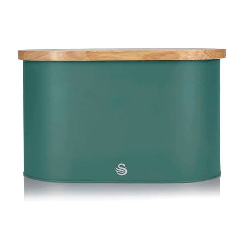 Image of Swan SWKA17512GREN Nordic Scandi Bread Bin with Bamboo Cutting Board Lid, Pine Green, Steel