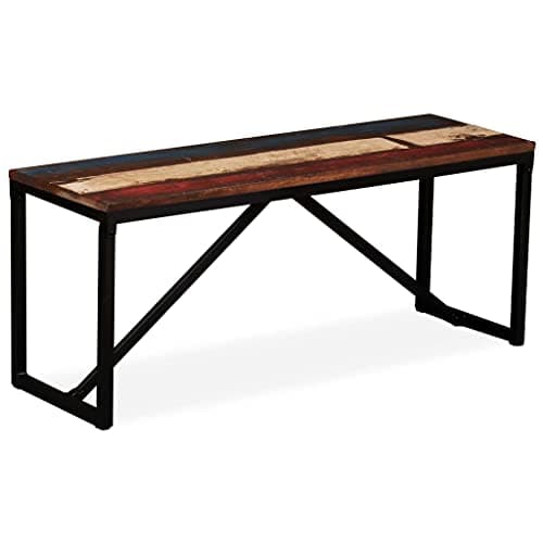 Image of SooIarix Solid Wood Bench 110 x 35 x 45 cm Recycled Reclaimed Wood Steel Legs Garden Bench Outdoor Vintage Style Stool with Storage Space for Living Room and Garden