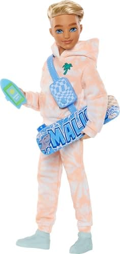 Image of Barbie Dream Besties Doll and Accessories, Ken Posable Fashion Doll with Removable Fashions & Blonde Hair, 9 Summer & Skateboard Themed Pieces, JDD75
