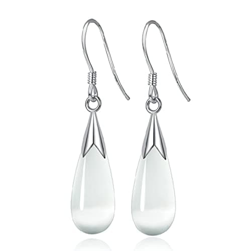 Image of CERSLIMO Silver Drop Earrings for Women, Long Dangle Earrings with White Opal Stone | White Gold Plated Water Drop Dangly Earrings Jewellery Gifts for Christmas Birthday Teardrop Dangling Earrings
