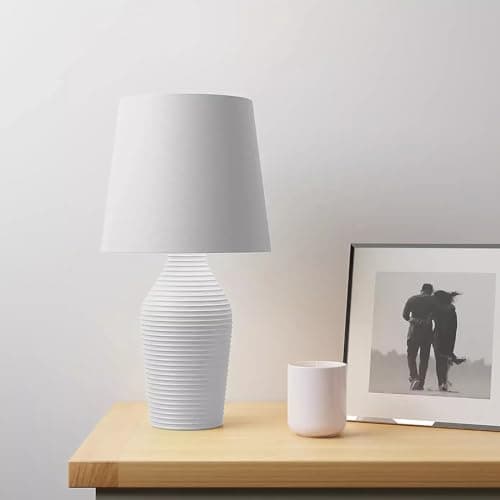 Image of New Luna Stoneware Table Lamp – Contemporary Ribbed Satin Glazed Base with Faux Linen Shade, 37.5cm Tall | E14 SES Cap, Mains Operated M-18 (Dove Grey)