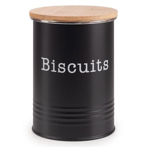 Image of EHC Round Enamel Airtight Seal Cookie/Biscuit Kitchen Storage Canister Jar With Wooden Lid - Black