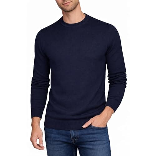 Image of Xact Men's Textured 100% Cotton Crew Neck Jumper, Slim Fit Lightweight Knitwear Round Neck Pullover Sweater - Long Sleeve - Rich Navy - XXL