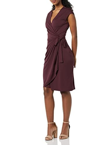 Image of Amazon Essentials Women's Classic Cap Sleeve Wrap Dress for Wedding Guest and Evening Wear (Available in Plus Size), Burgundy, L