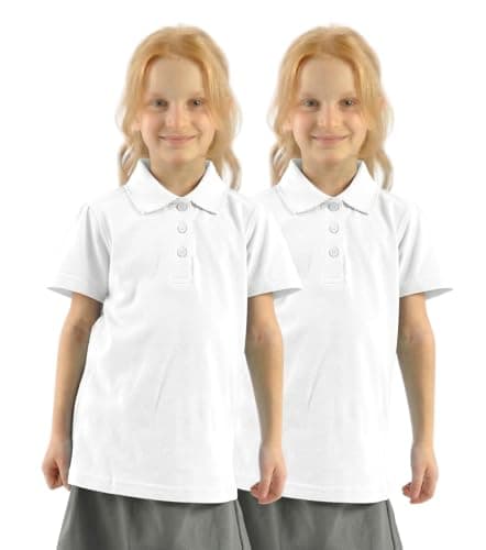 Image of GW CLASSY OUTFIT 2X Girls Polo Shirts (Pack of 2) Short Sleeve Girls School Uniform Polo T-Shirts PE Tops 4-13 Years (7-8 Years, 2X White)