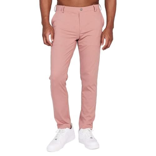 Image of Mens Golf Stretch Work Dress Pants Slim Fit Stretch Chino Trousers Lightweight Casual with Pockets Men Pant Pink