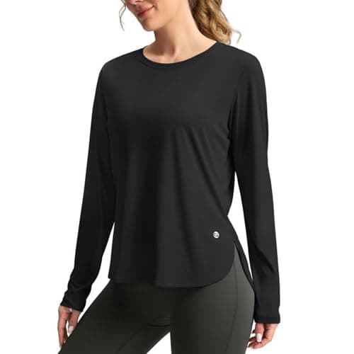 Image of NWDEY UPF 50+ UV Shirt Women, Rash Vest Long Sleeve Sports Tops for Women with Thumbholes, Sun Protection Long Sleeve Tops for Hiking, Fishing and Exercise (UK, Alpha, S, Regular, Regular, Black)