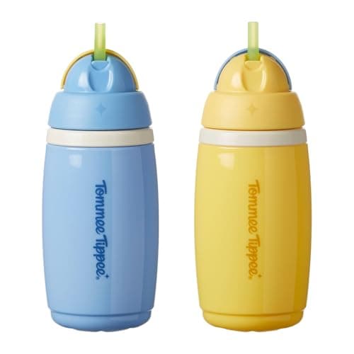 Image of Tommee Tippee Insulated Active Straw Cup, 266ml, Spill-Proof Toddler Water Bottle for 12 Months+, Flip Lid Helps Keep Straw Clean, Blue and Yellow, 2 Pack