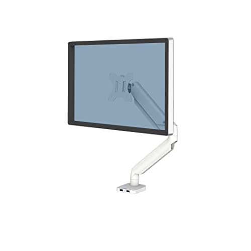 Image of Fellowes Single Monitor Arm - Platinum Series Mount for 8KG 32 inch Screens - Ergonomic Adjustable Arm Desk Mount - Tilt 45° Swivel 360° Rotation 360°, VESA 75 x 75/100 x 100 - White