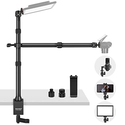 Image of NEEWER TL253A+DS001 Table Camera Tripod with 2 Telescopic Arms, Phone Holder, Ball Heads, Screw Adapter, Table Light Stand for Camera, Mobile Phone, Webcam, Ring Light