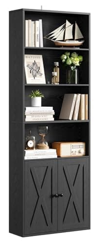 Image of IRONCK Bookcase 6-Tier, Bookshelf with Doors, 180cm Tall Living Room Bookcases, Display Shelf Storage, Freestanding Book Shelf Unit for Home Office, Dinning Room, 60x23.5x180cm (Black)