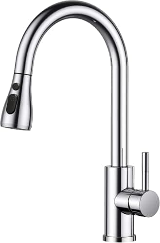 Image of WLTEDRGO Polished Chrome Kitchen Tap, 360° Swivel Kitchen Sink Taps with Pull Out Spray, Stainless Steel Mixer Tap with 3 Functions, 1 Hole Single Lever High Arc Sink Taps, High Pressure Faucet