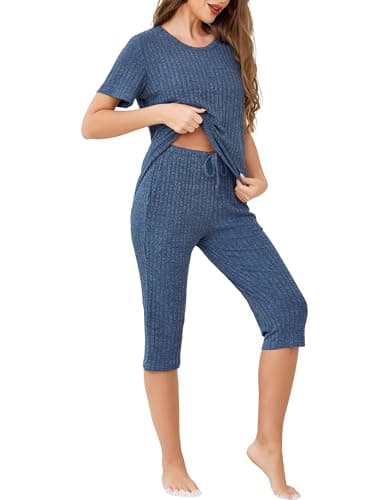 Image of Wikoan Capri Pyjamas Set for Women, Ribbed Summer Cropped Pj's Set Tops and Capri Pants 2 Piece Outfits Loungewear with Pockets Drawstring Dark Blue,S