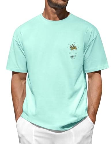 Image of Lonya Men’s Oversized T Shirt Summer Short Sleeve Palm Tree Graphic T-Shirts Crew Neck Cotton Casual Beach Tee Shirt Tops Loose Fit Lake Green,XL