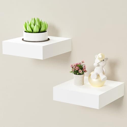 Image of BAMEOS Small Floating Shelves - 15cm x 14cm Display Ledges for Wall Decor, Mini Wall Shelf, Set of 2, White
