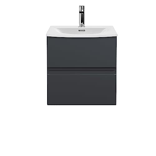 Image of Hudson Reed URB1402G Urban Modern Bathroom Wall Hung 2 Drawer Bathroom Vanity Unit & Curved Ceramic Basin, 500mm, Soft Black