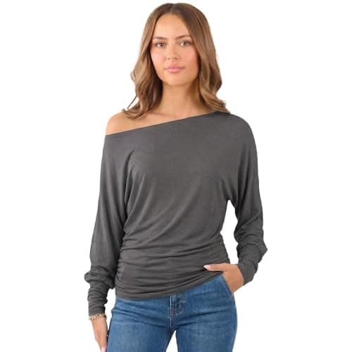 Image of Crazy Girls Womens Long Sleeve One Off-Shoulder Plain Baggy Batwing Top UK8-24, Charcoal, XL (UK 16-18)