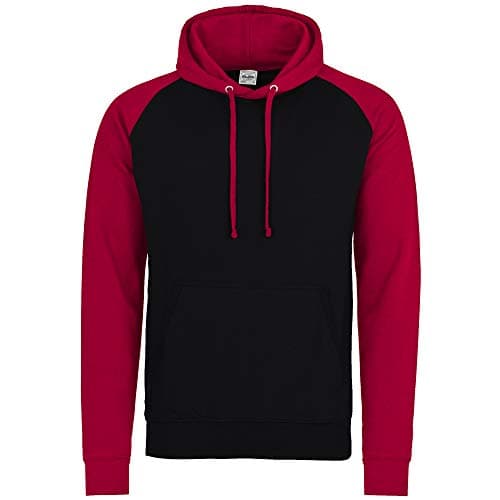 Image of Awdis Just Hoods Adults Unisex Two Tone Hooded Baseball Sweatshirt/Hoodie (M) (Jet Black/Fire Red)