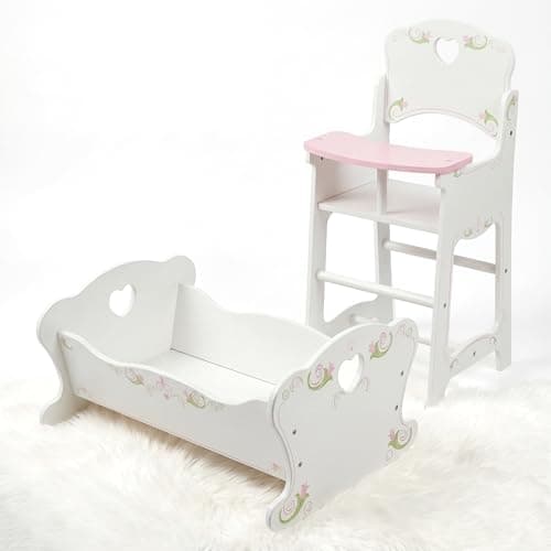 Image of BiBi Doll Wooden High Chair & Rocking Cradle Set - White & Pink Nursery Toy Furniture Bundle - Reborn Baby Doll Accessories for Feeding & Sleeping Role Play for Girls & Boys Aged 3+