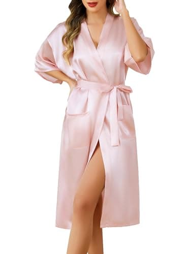 Image of Lovasy Kimono Dressing Gowns Satin Kimono Robe Silk Dressing Gown for Women UK Long Silk Bride and Bridesmaid Robes,Pink,L